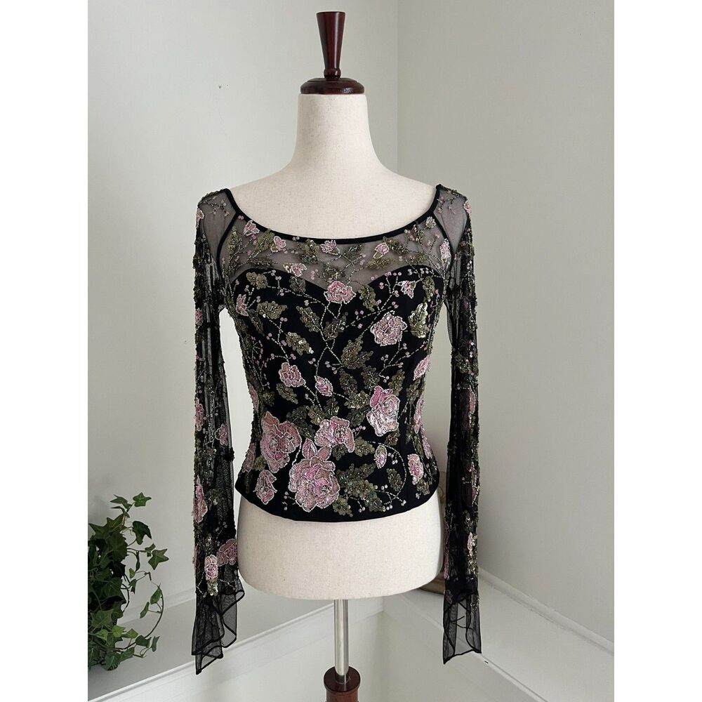 VTG Y2K Beaded Sweetheart Corset with Pink Roses and Fairy Sleeves Sz 6